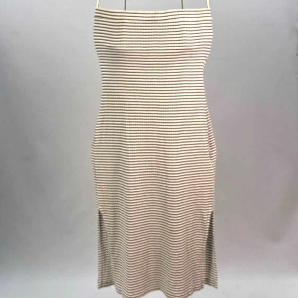 RVCA Striped Strapless Bodycon Midi Dress Front Cutout Side Slits Cream Black XS